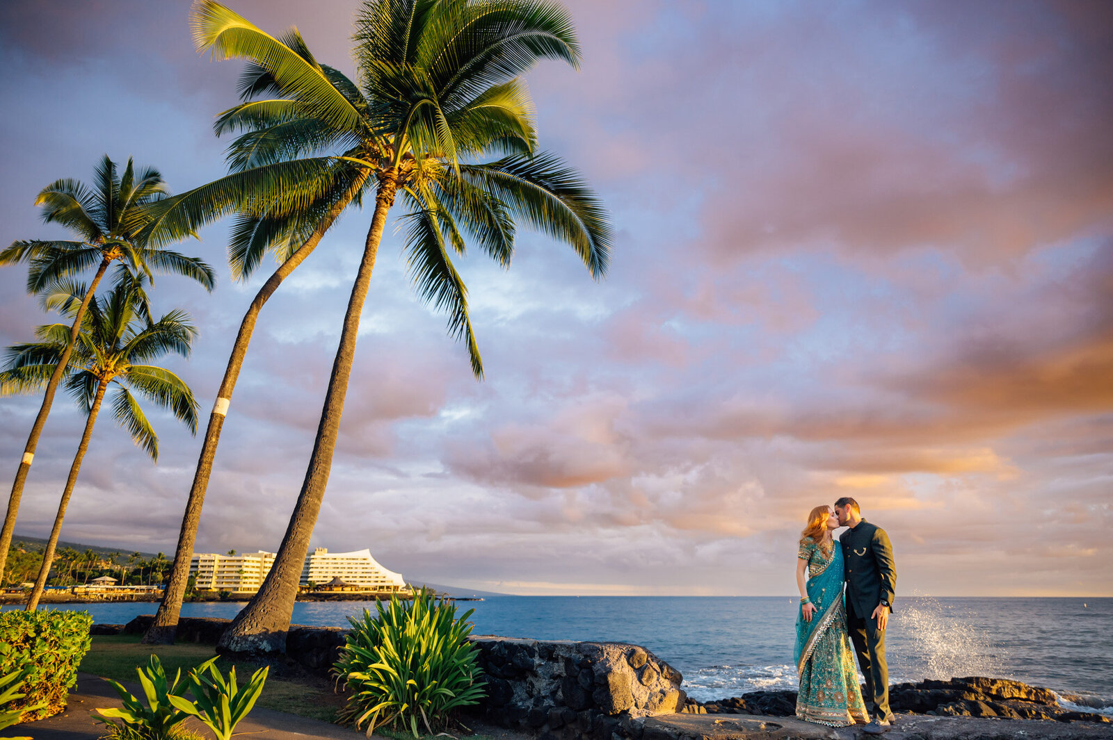 indian wedding couple at sunset in hawaii