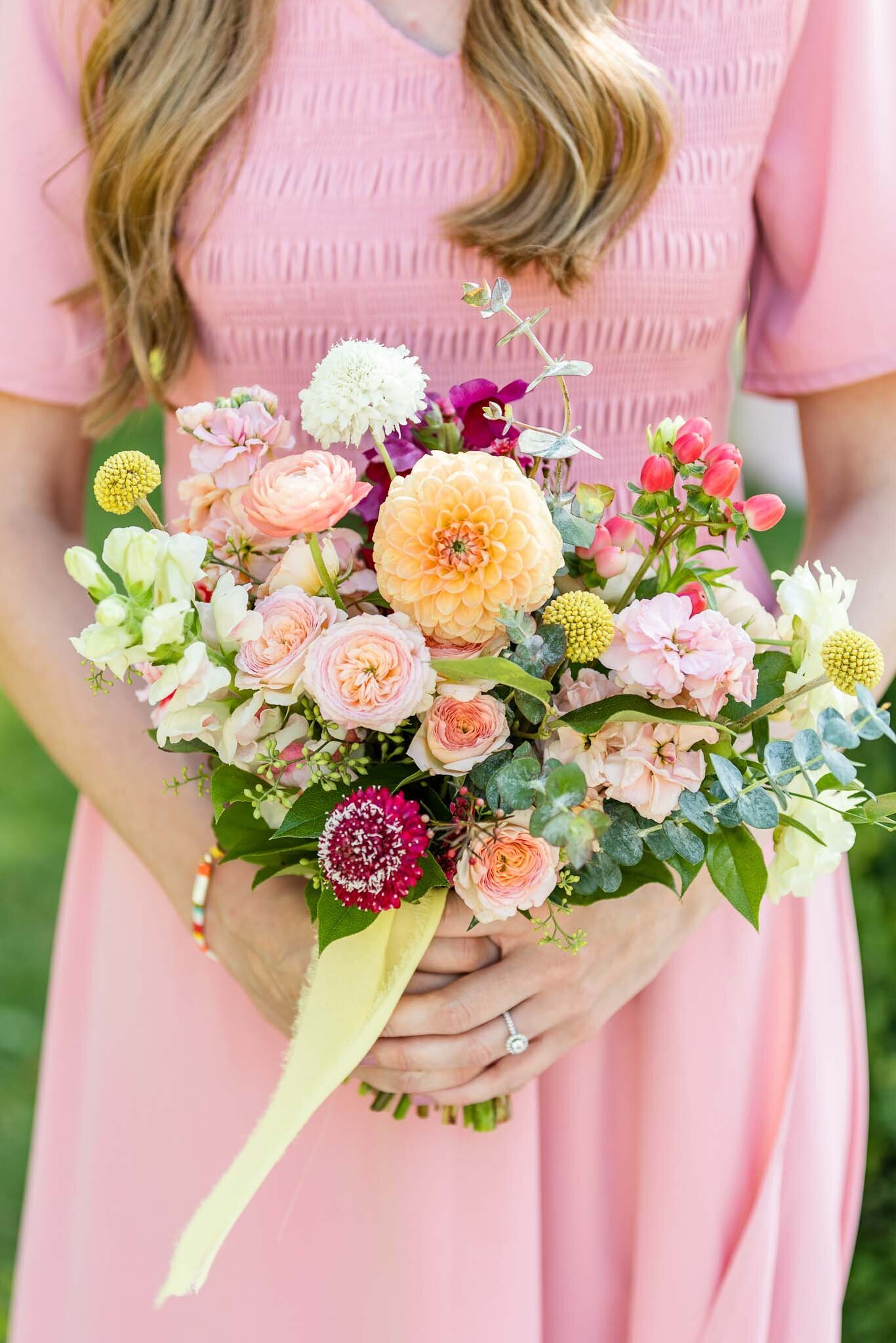 Pink, white, and blush wild garden bridal bouquet.