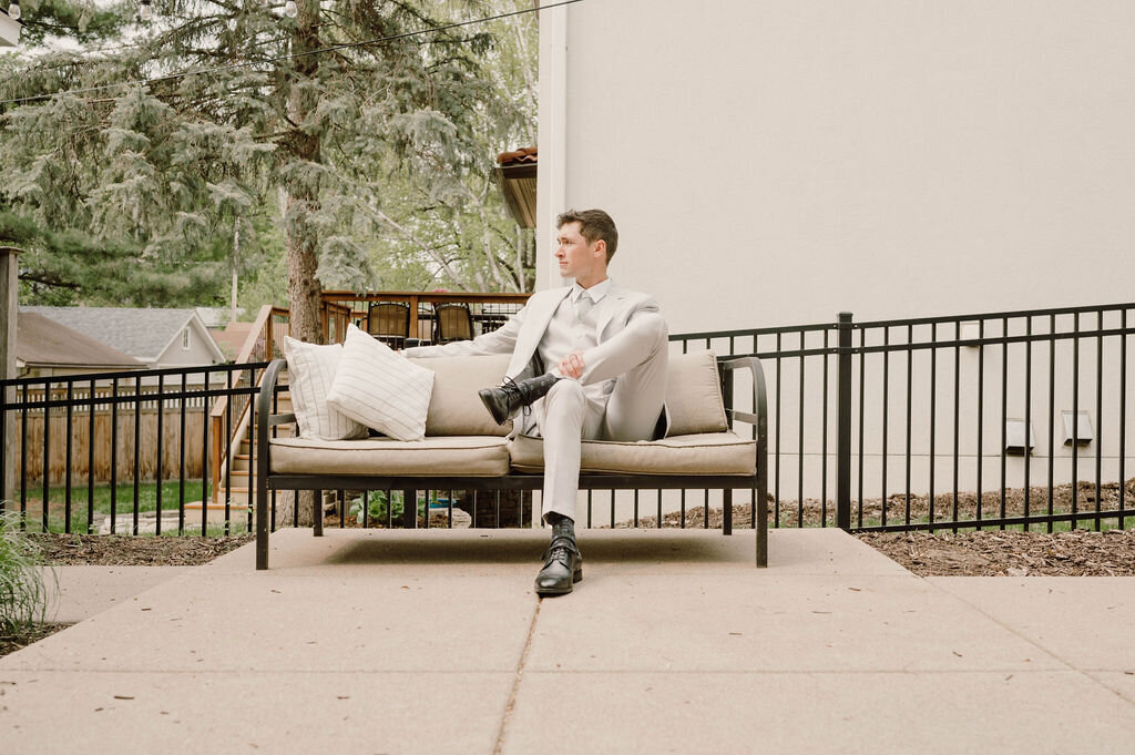 Backyard wedding groom portrait