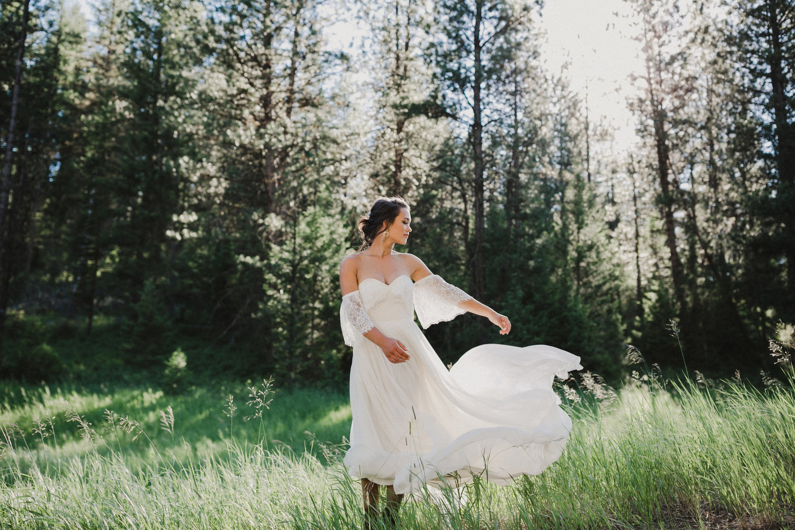 Dreamy indie bride photographed in the woods in Montana for this adventurous elopement wedding.