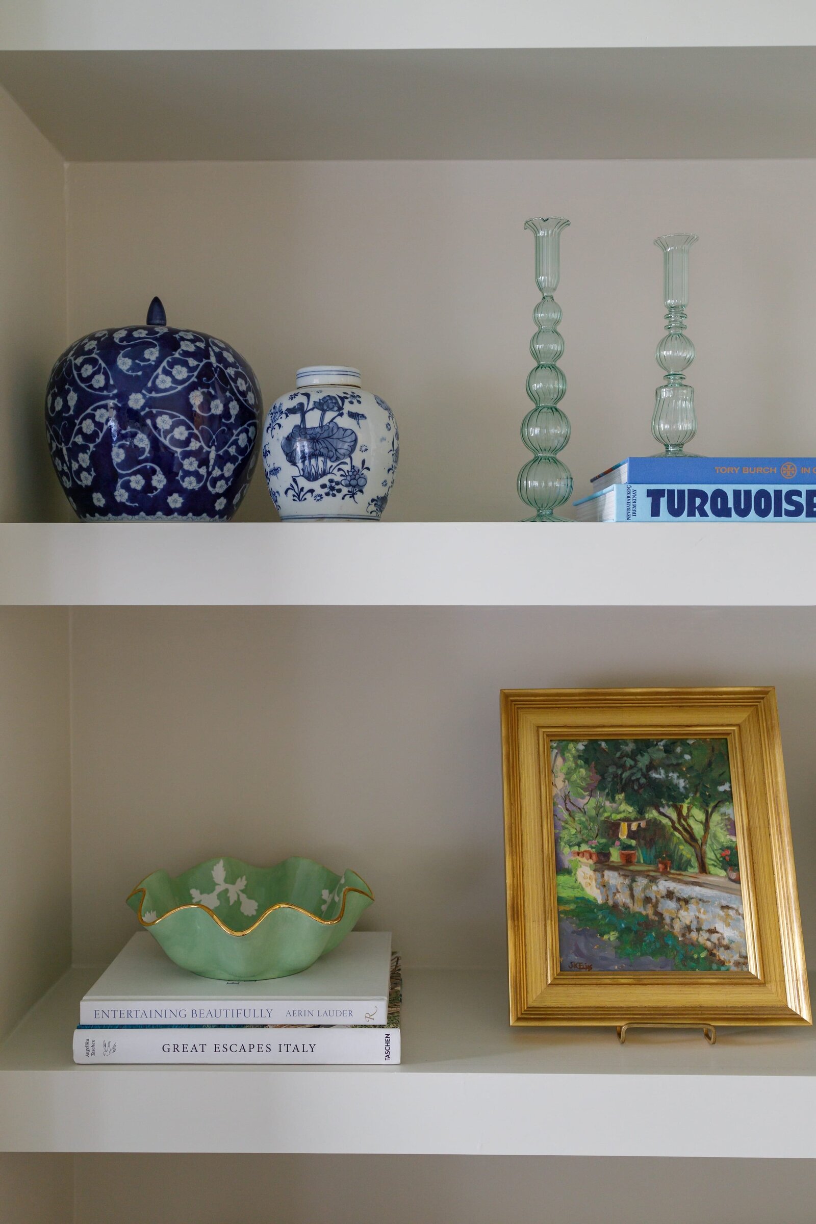 vision and hammer styling shelf with gold and blue accents