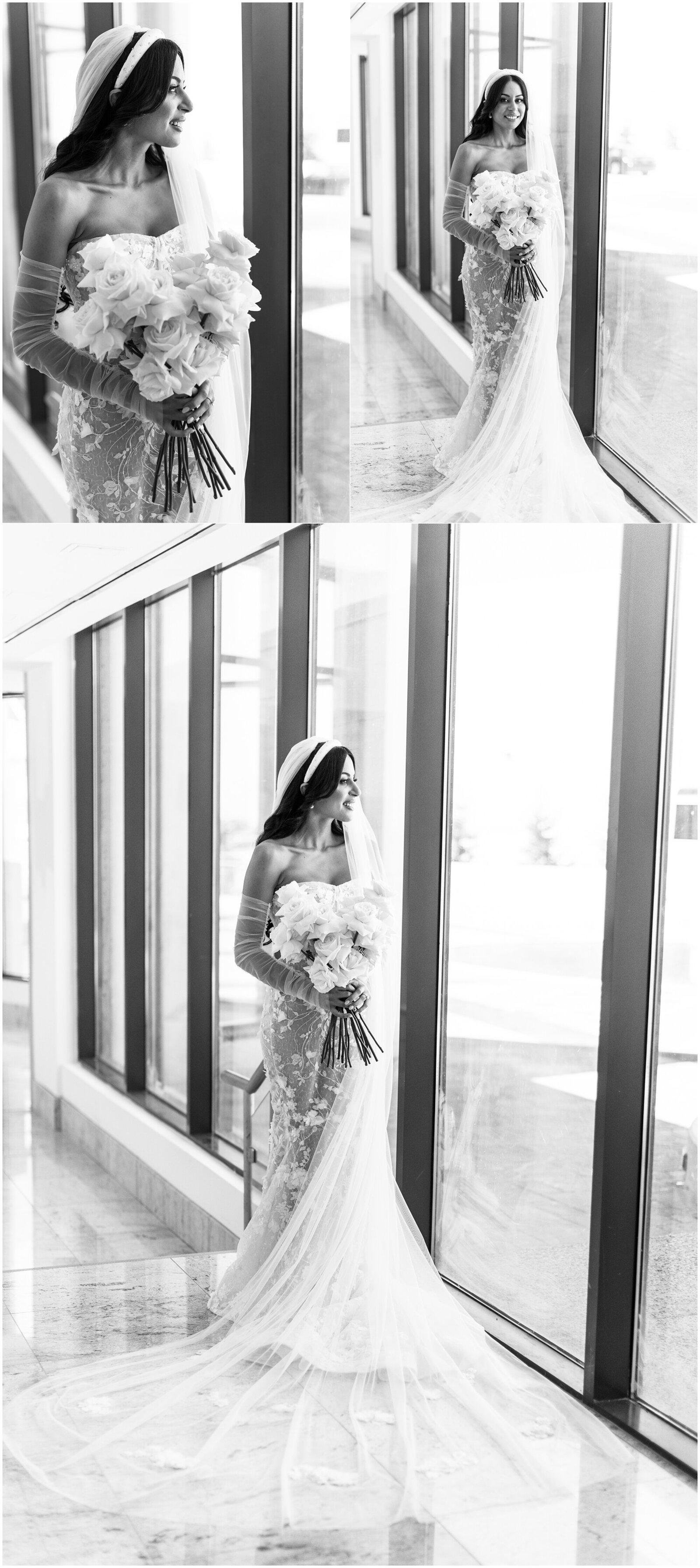 Bride with a white roses bouquet wearing a veil and a headband matching her bridal dress with sheer corset design and lace flower details in the GTA