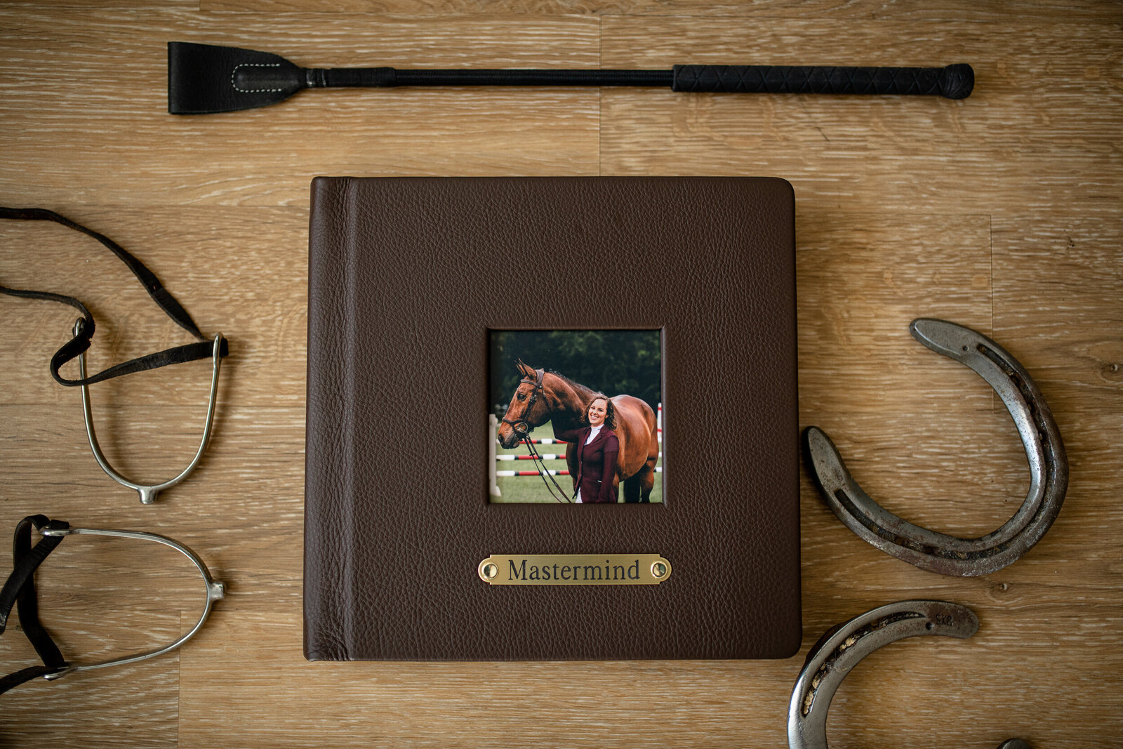 Luxury equestrian album with brass nameplate on the cover by north florida photographer.