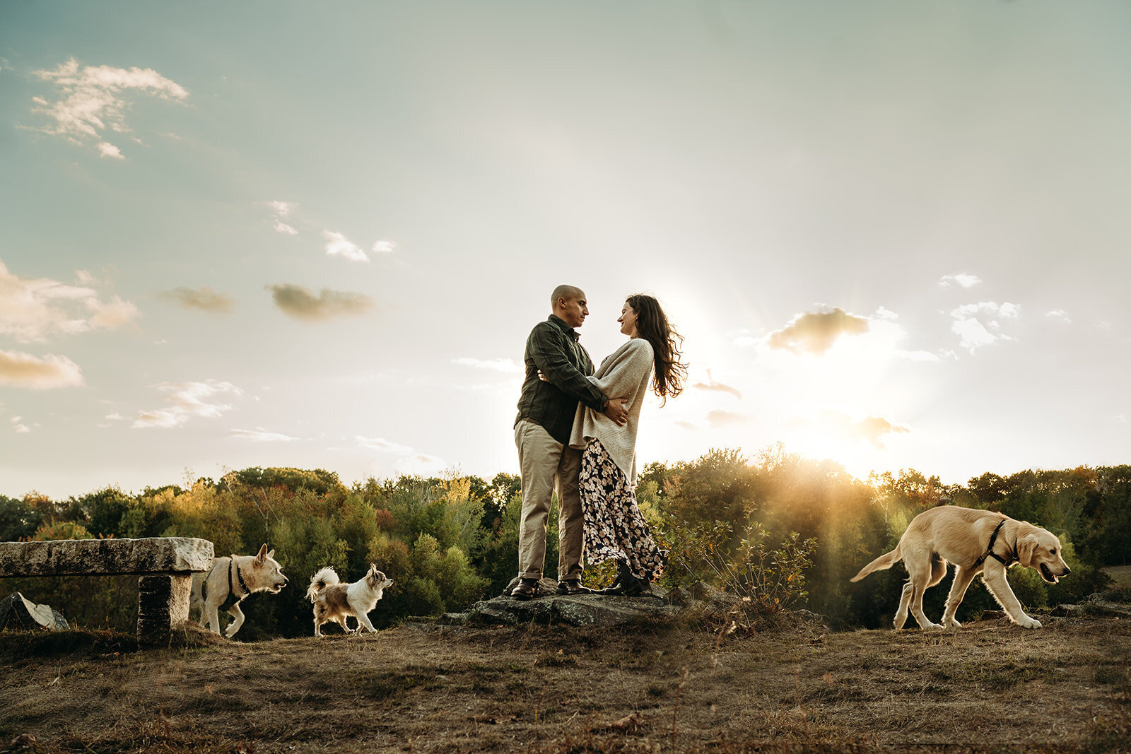 couple stands on a hilltop at sunset with three dogs