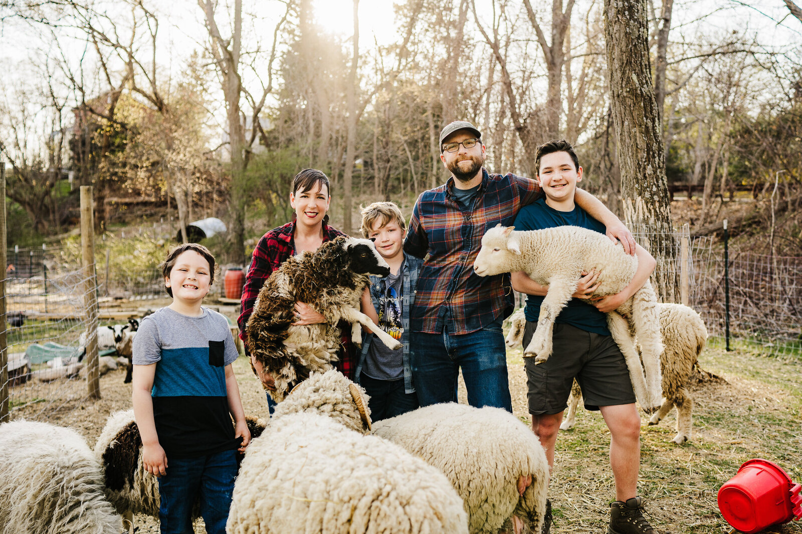 farm family poses for headshots with sheep