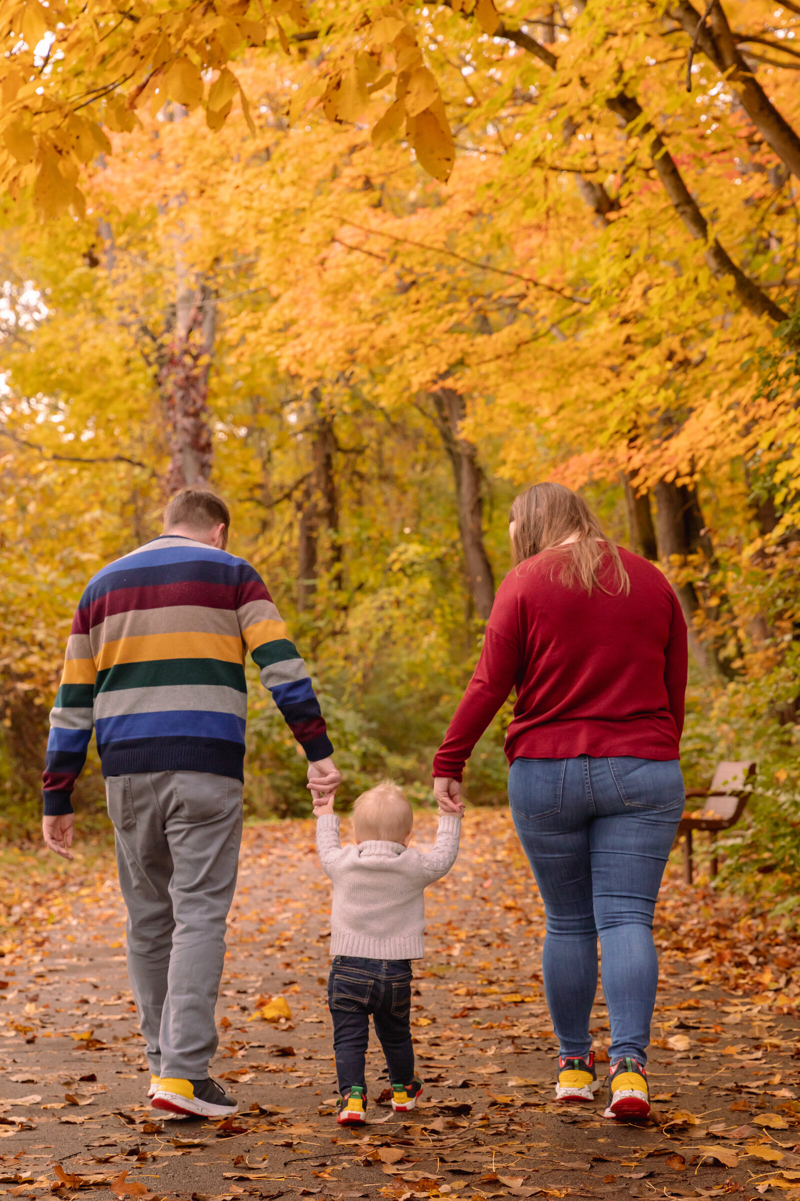 Family with toddler boy walks away from camera holding hands during fall colors session