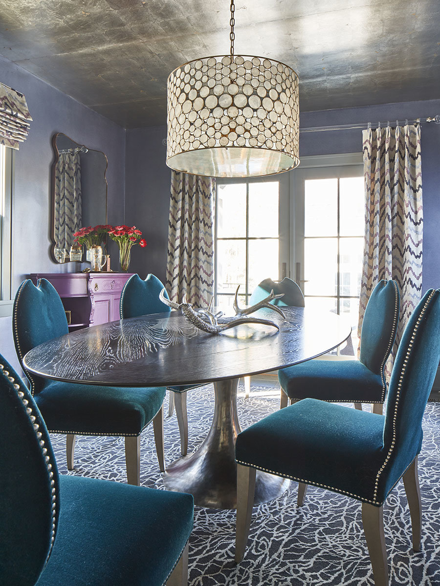 Oly Studio chandelier Donghia fabric dining room draperies