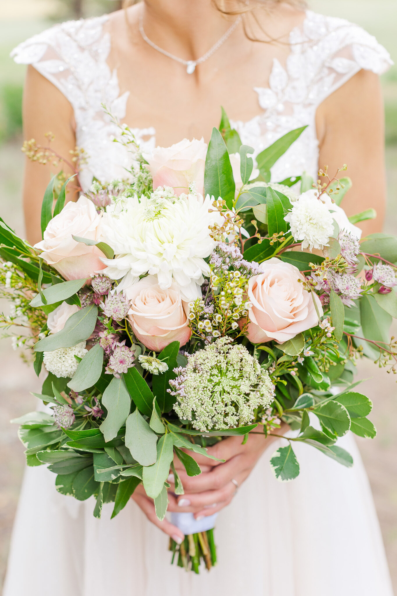 blush pink, greenery, white, bridal bouquet
