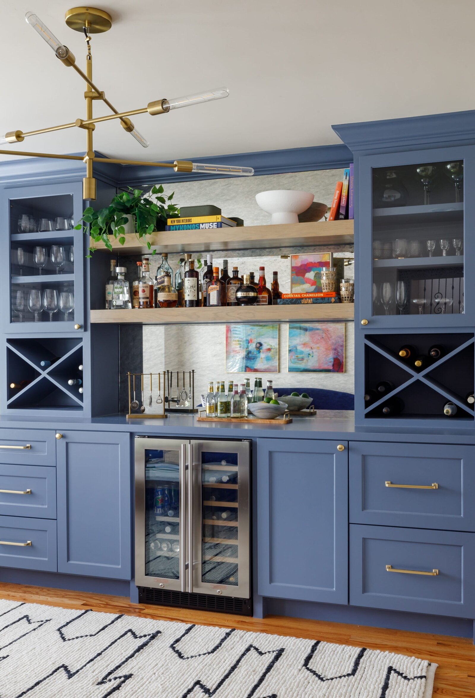 vision and hammer bar with wine cooler and dark blue painted cabinets