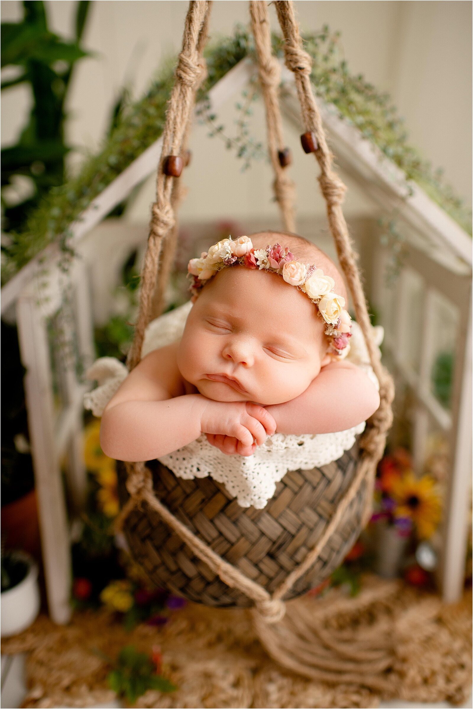 newborn baby in hanging basket