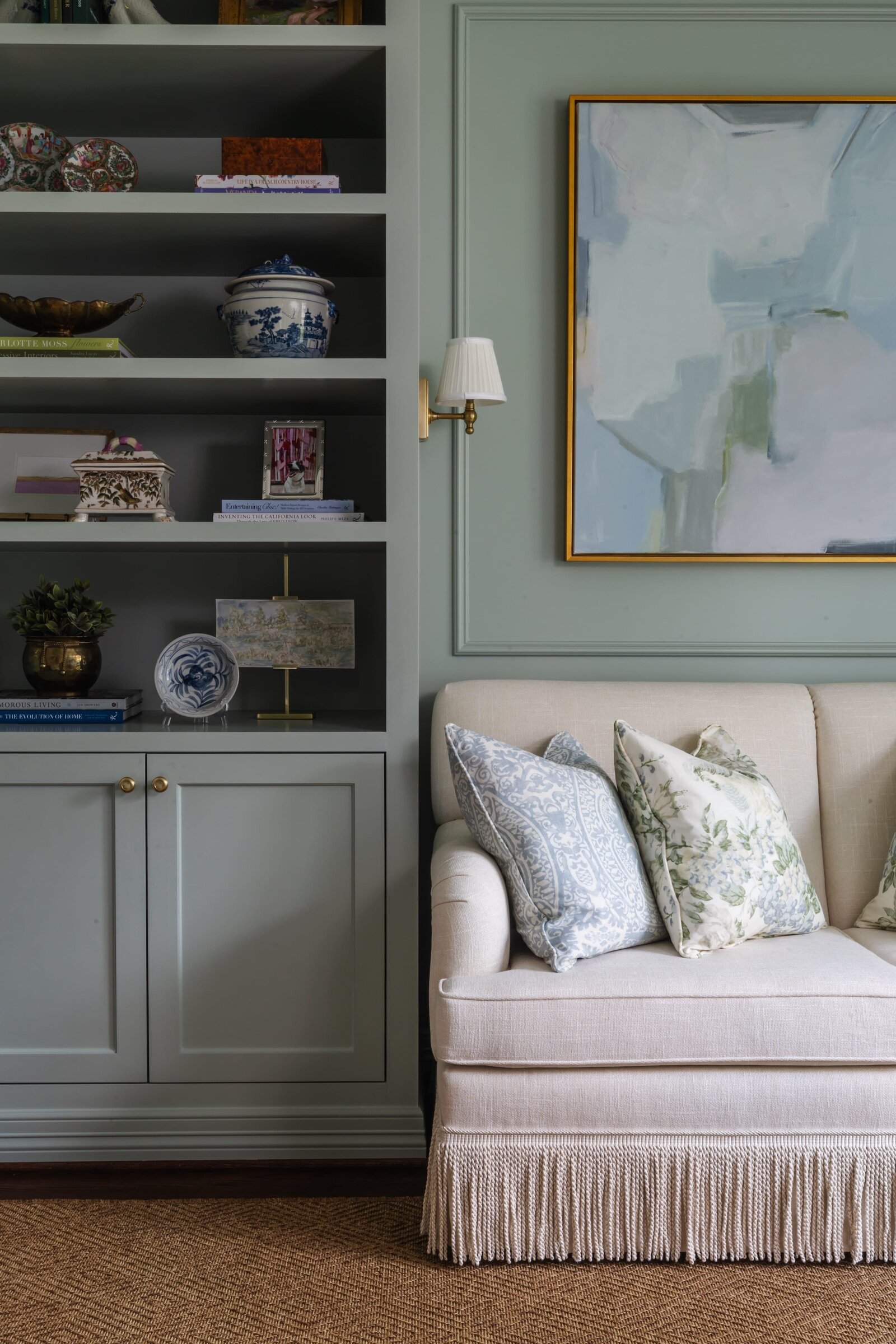 vision and hammer styling shelf with white couch