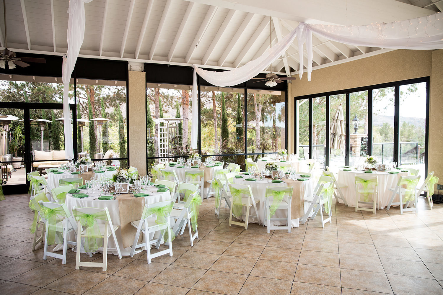 reception space with green and white