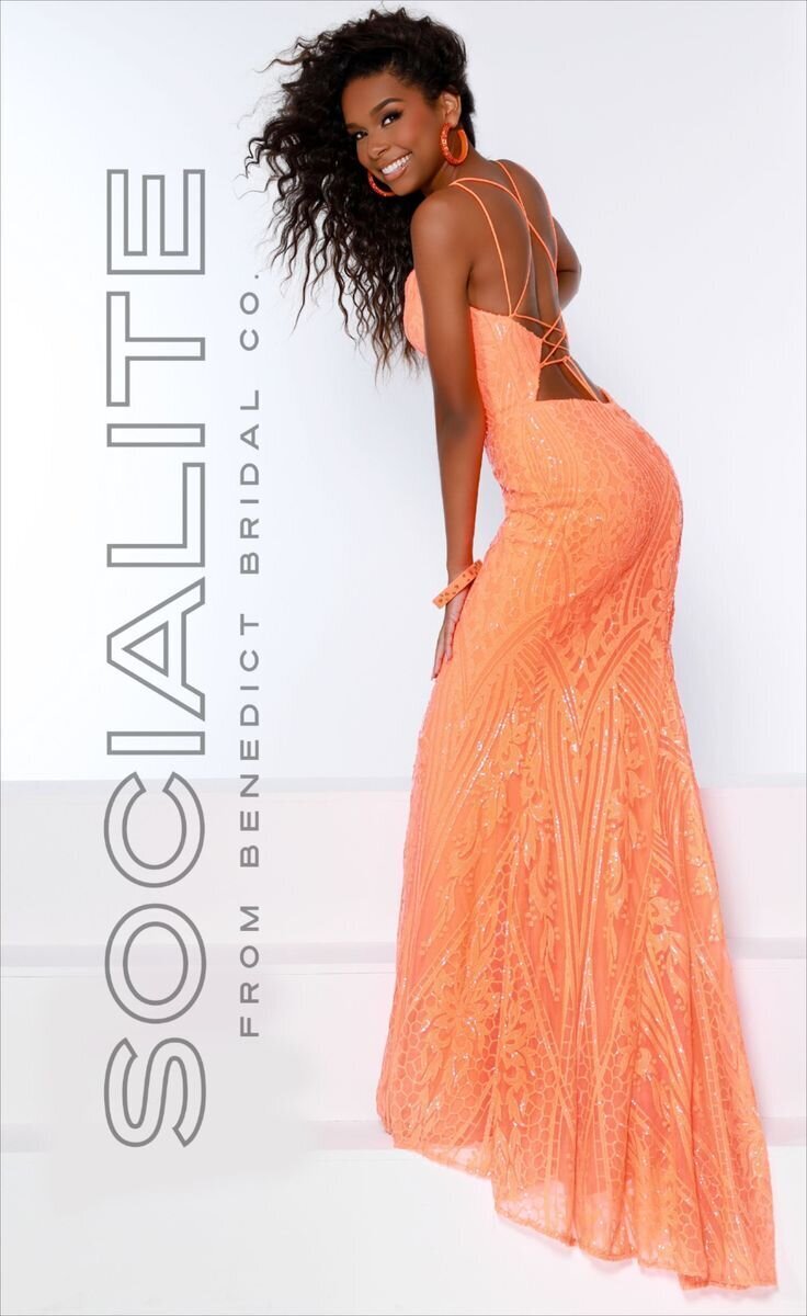 Neon Orange Sequin Fitted 2022 Prom Dress at Benedict Bridal Co_ in Port Charlotte, FL
