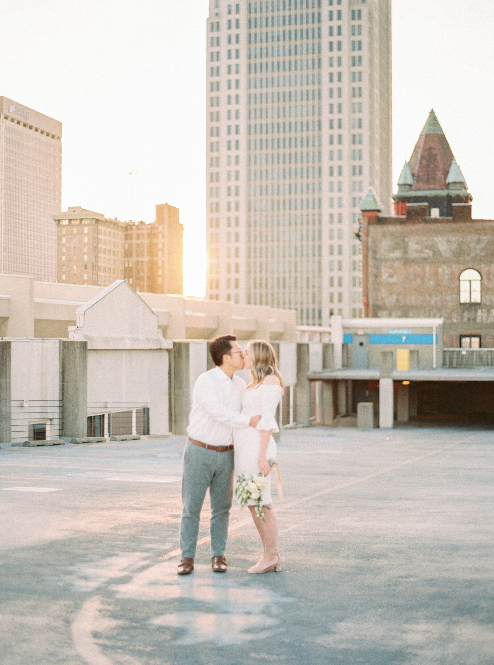 Downtown Louisville at sunset photographed by Lexington Kentucky film wedding photographer Magnolia Tree Photo Company