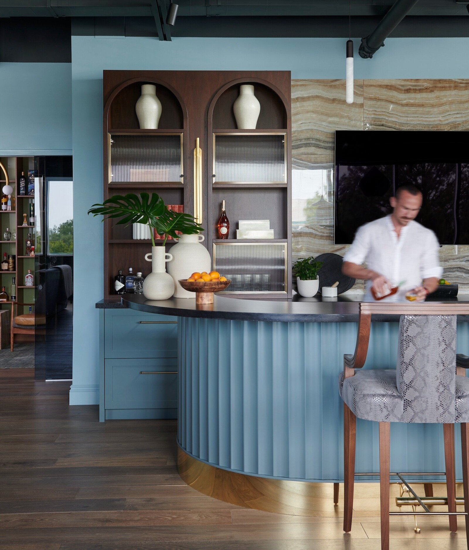 Gold and blue bar designed by Kimberley Seldon Interior Design