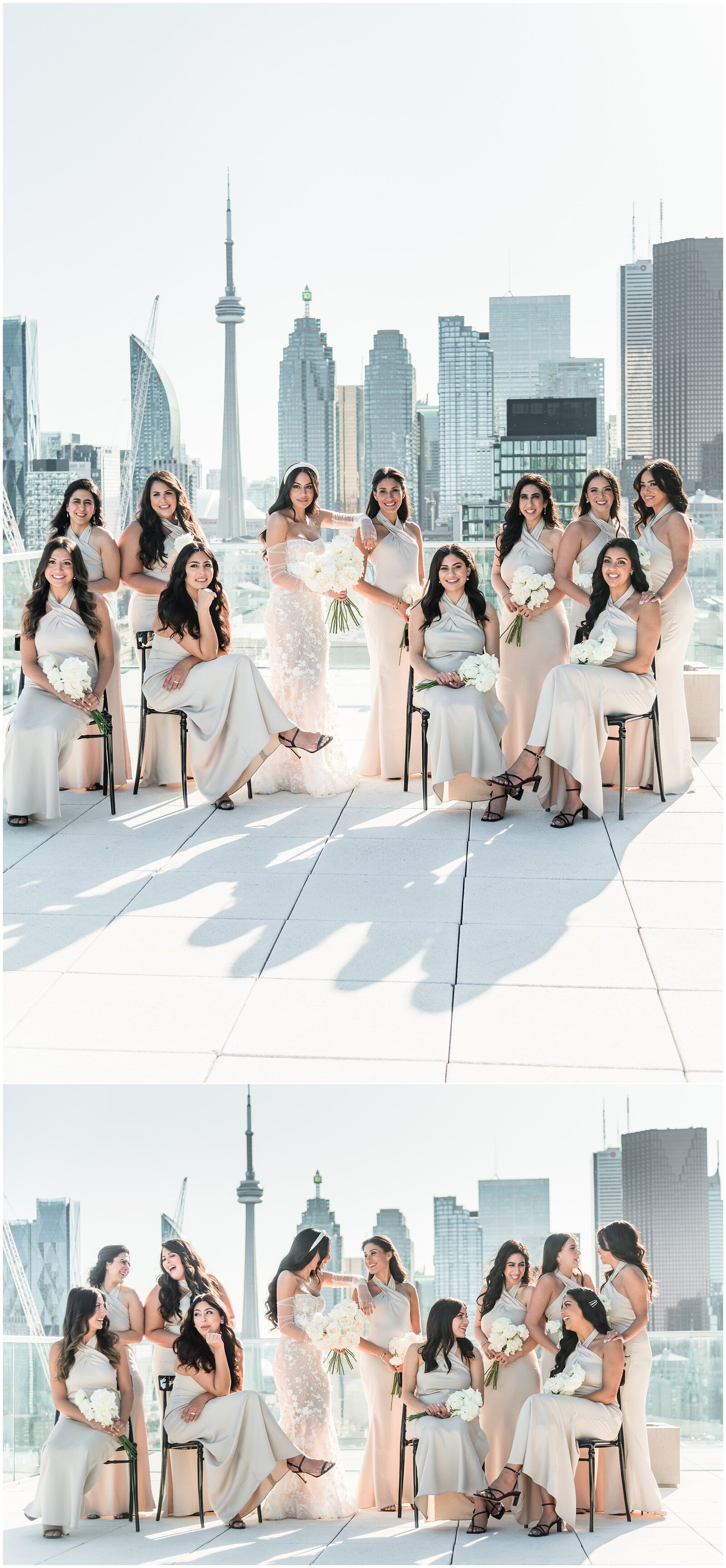 Epic bride and bridesmaids portraits at The Globe and Mail with Toronto Skyline in the background