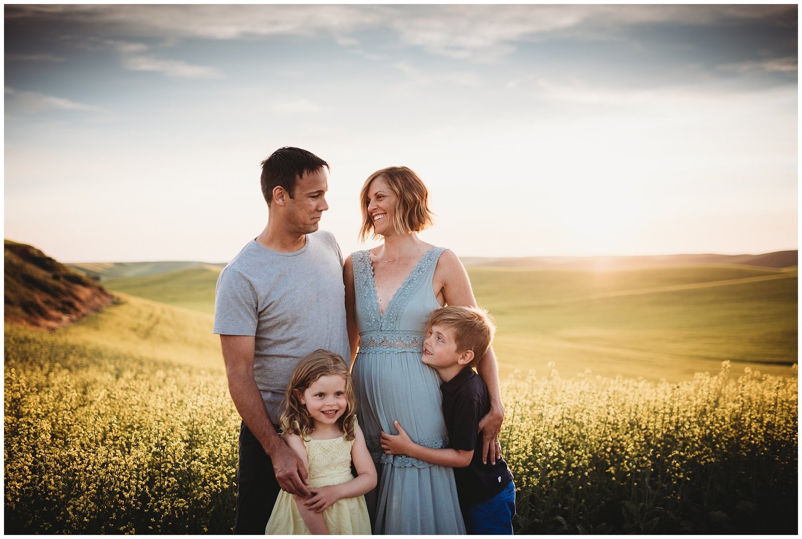 family photos at sunset in field of yellow flowers Emily Ann Photography Seattle Family Photographer