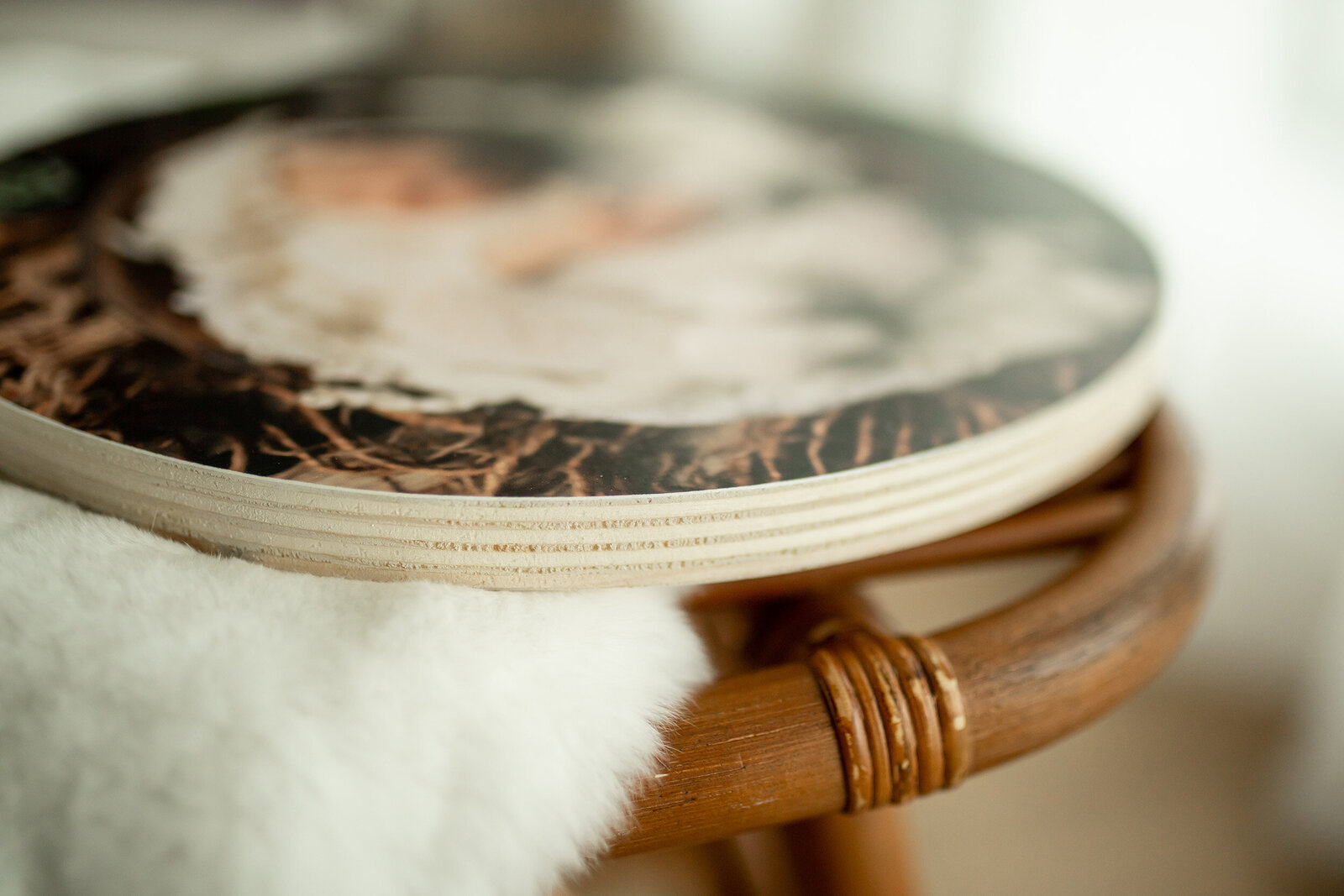 close up of circular  wooden print