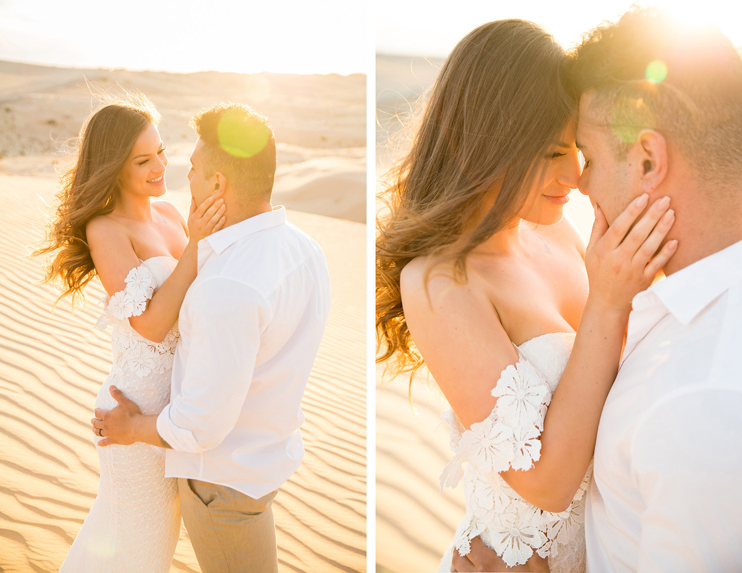 Bride and Groom Embracing During Sunset at Glamis Sand Dunes