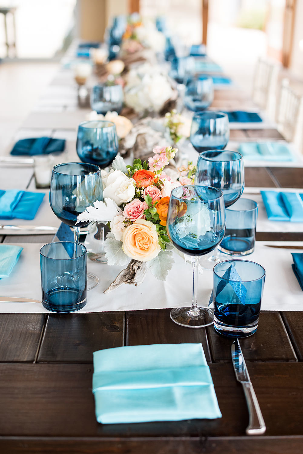 farm tables with blue and orange