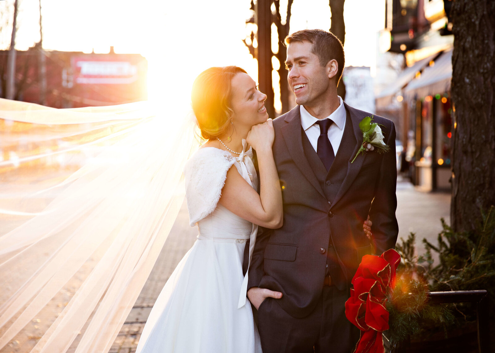 bride and groom romantic moment at sunset