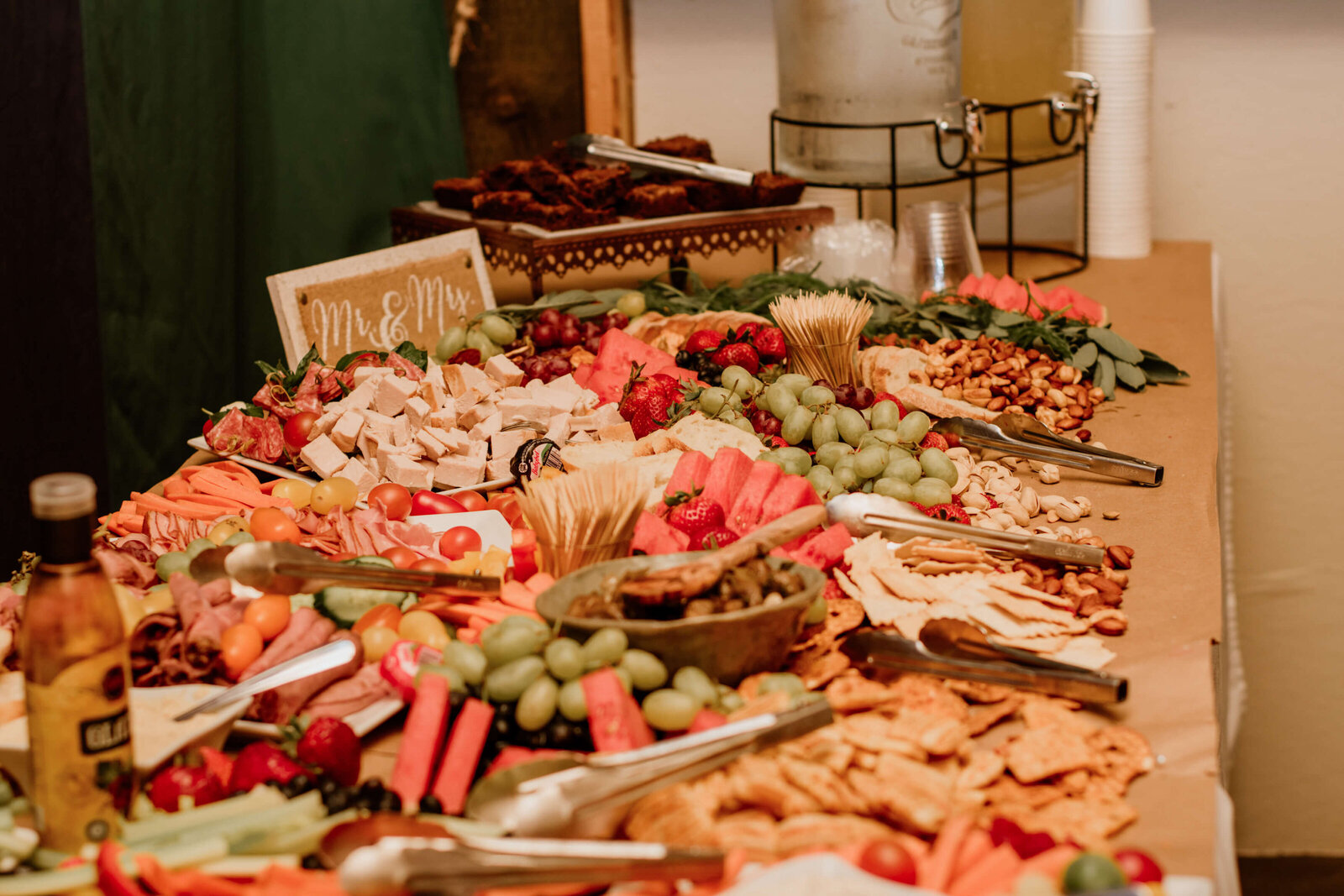 Grazing table at wedding reception.