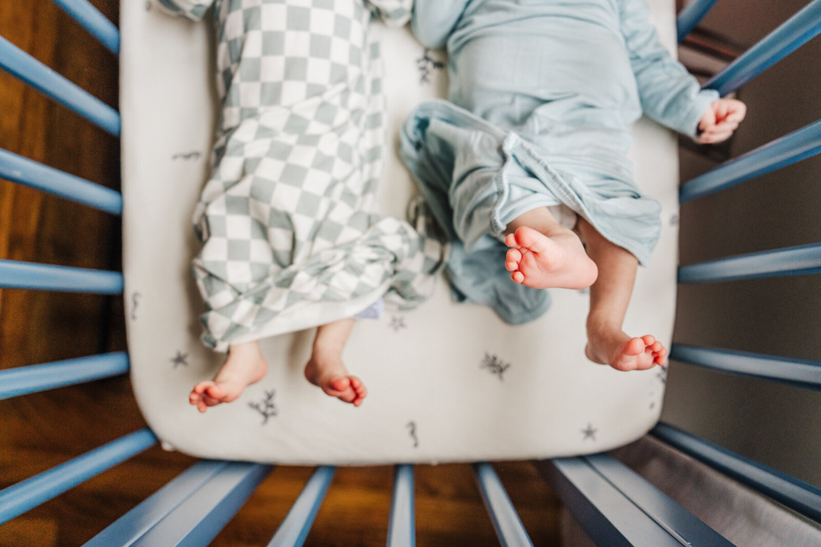 overhead shot looking into a crib with the legs of two newborn boys