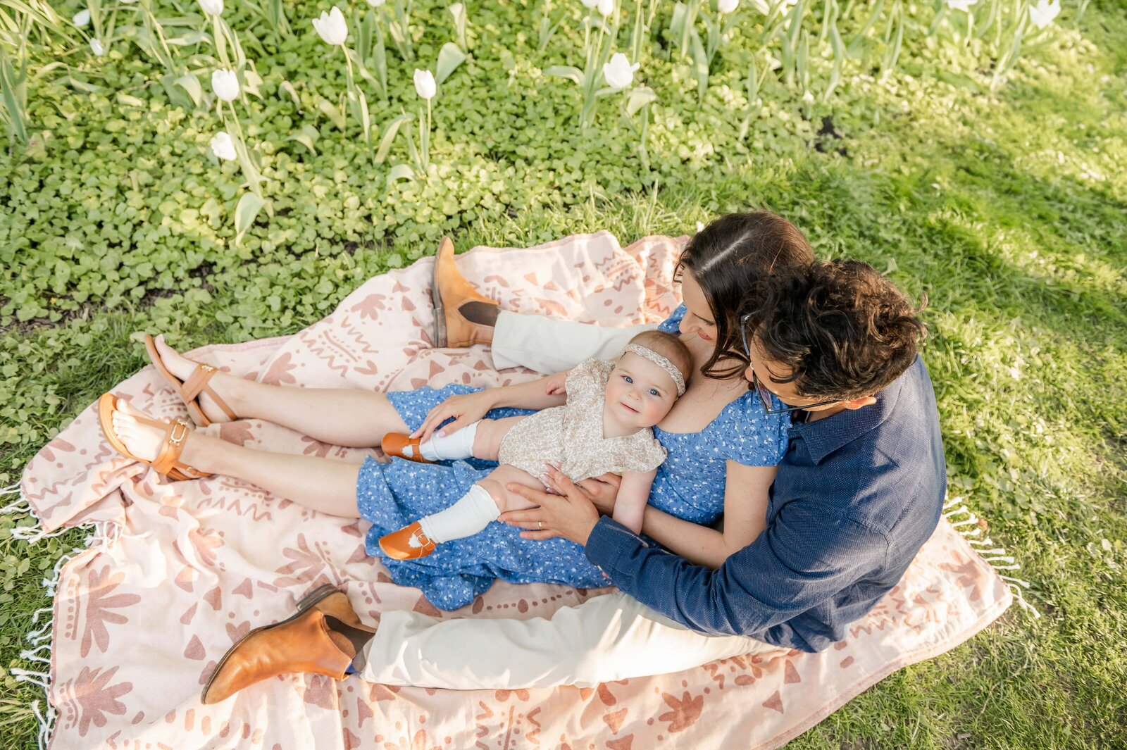 family on picnic blanket cuddling