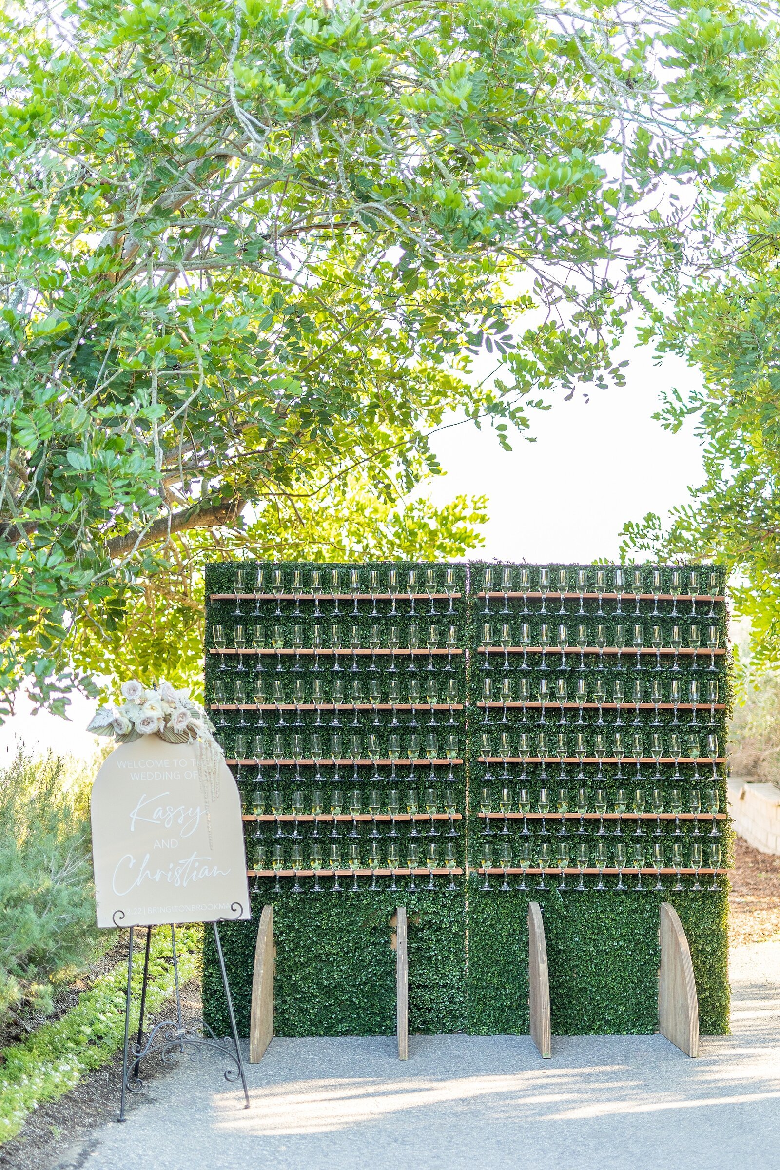 Champagne wall for wedding reception at Ethreal Gardens in Escondido, California.