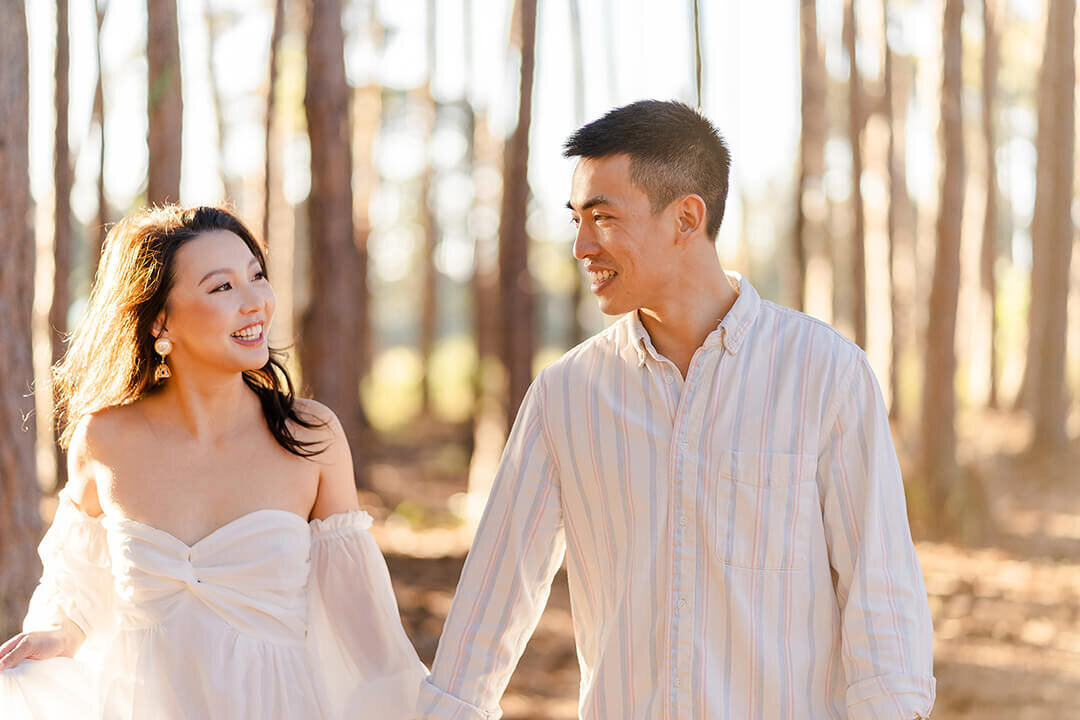 Sunset pine forest couples session at Gold Coast by Isabelle Hikari, a Brisbane engagement photographer