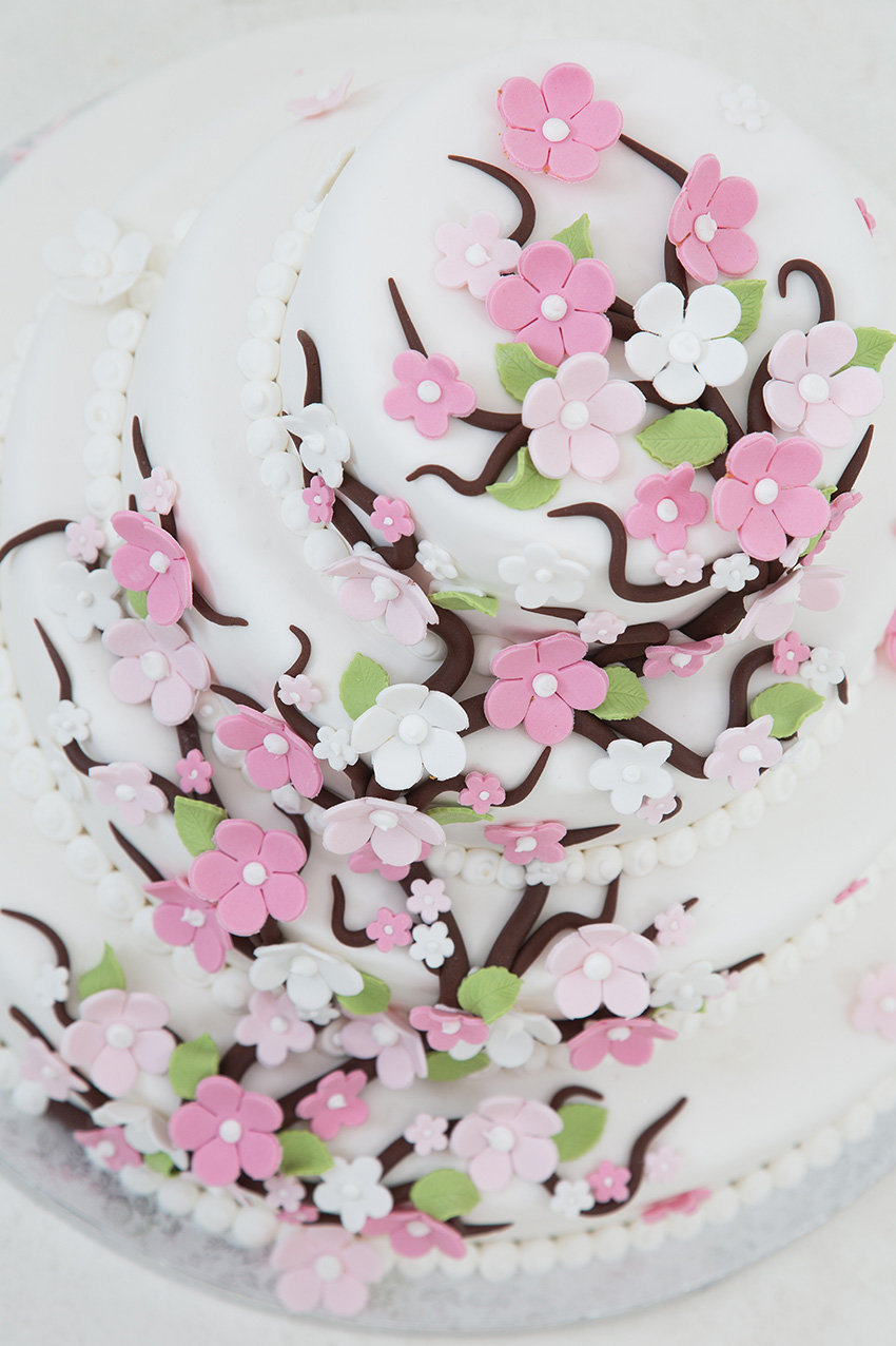 Bruidstaart met roze bloemen en takken van Banketbakkerij van den Berg