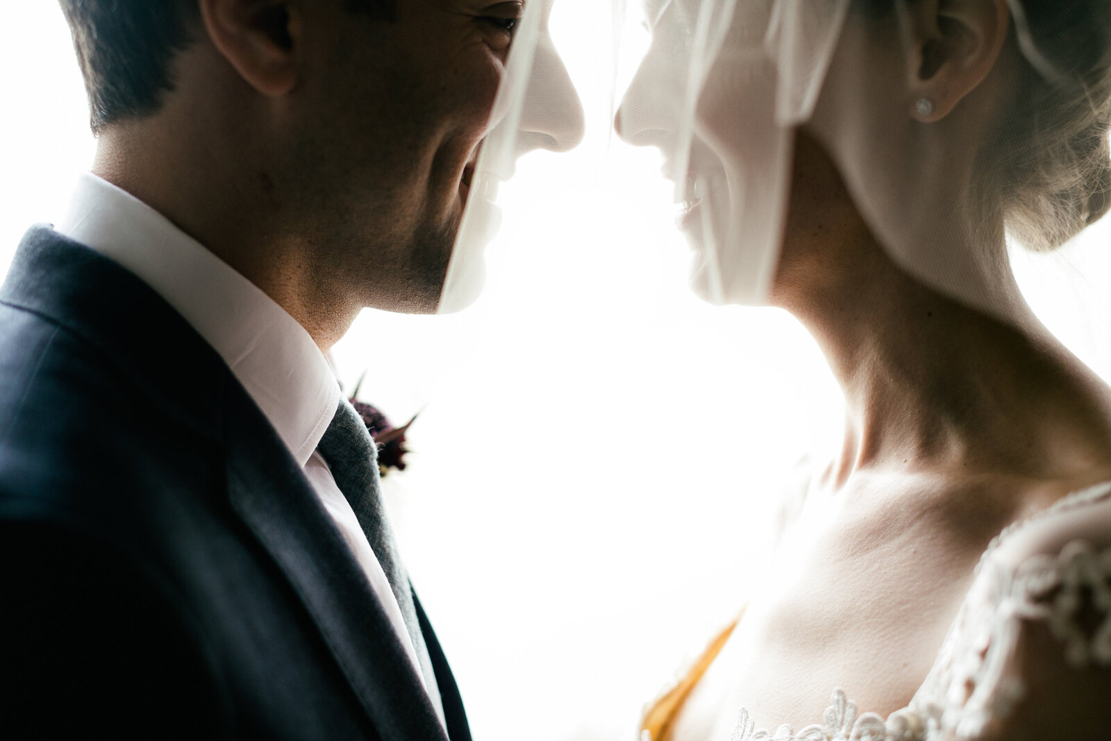 bride and groom faces close together