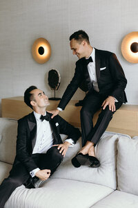Engaged moment between two grooms before their wedding ceremony in San Sebastián
