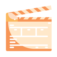 Orange and cream graphic of a movie clapboard