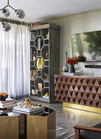 Dark Grey Elegant Decorative Item Shelf With Brown Cupboard Storage