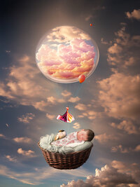4Karma Studio - A whimsical fine art newborn portrait in Los Angeles featuring a baby floating in a hot air balloon basket surrounded by clouds, created with expert composite artistry and true-to-life tones.
