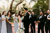 ecstatic bride and groom surrounded by their wedding party cheering
