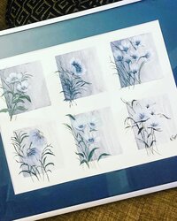 framed picture of dusty blue and white flowers