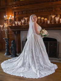 A portrait of a bride in a low-light luxury venue in SF