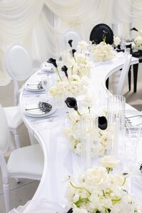 Editorial White and black tablescape for wedding
