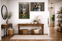 Large framed family portraits displayed as a wall art gallery in a bright modern farmhouse interior