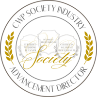 Round logo for the Iowa wedding planning industry featuring gold lettering, a laurel wreath, and titles like "certified wedding planner" and "advancement director.
