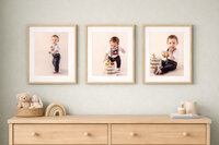 series of three toddler milestone portraits hanging above dresser in new bern home