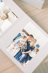 close up of family album with family sitting on couch