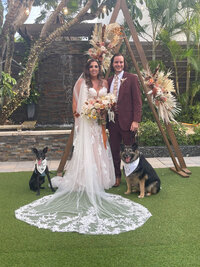 a bride and groom (groom has a dark burgundy suit on) standing together with two black and tan dogs next to them. Both wearing white bandanas.