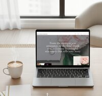 Services page of Showit website template for wedding stationery designers shown on laptop.