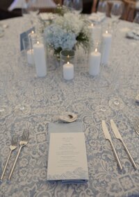 Baby blue wedding reception decor for Nantucket wedding.