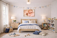 framed portrait of toddler and baby brothers snuggling on blue and white boy bedroom wall