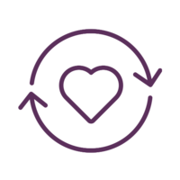 Purple icon with a heart centered inside 2 arrows that point to each other in a circle