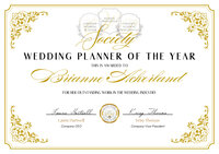 Elegant certificate titled "Iowa Wedding Planner of the Year" awarded to Brienne Ashland, featuring ornate golden floral borders and two signatures at the bottom.